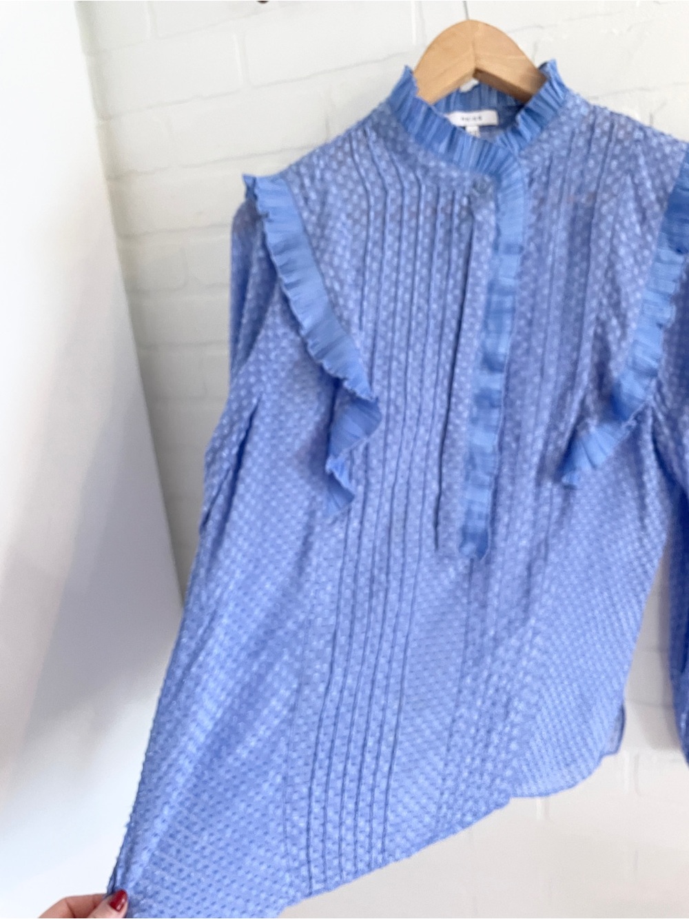 Reiss Sheer Silk Blend Ruffle Blouse Cornflower Periwinkle Blue Statement Sz 8 - Picture 8 of 16